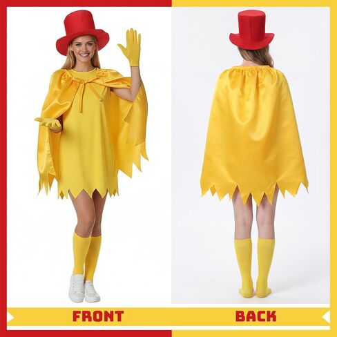 4 Pcs Funny Storybook Character Cosplay Costume for Adults Yellow Clothing Red Top Hat Yellow Socks and Cape for Reading Across America Day Storybook Themed Parties and Cosplay Events in Saudi Arabia