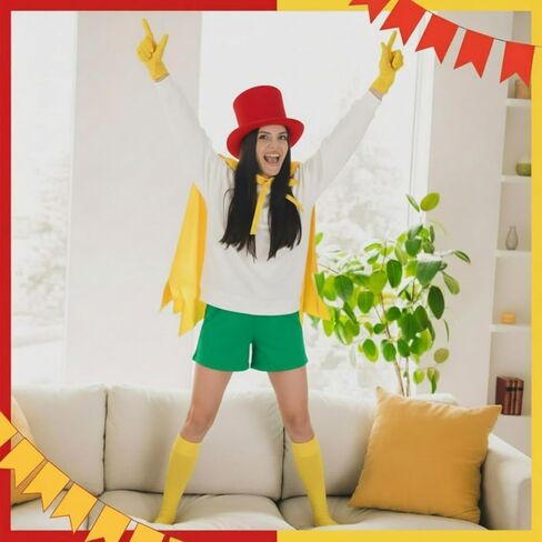 4 Pcs Funny Storybook Character Cosplay Costume for Adults Yellow Clothing Red Top Hat Yellow Socks and Cape for Reading Across America Day Storybook Themed Parties and Cosplay Events in Saudi Arabia