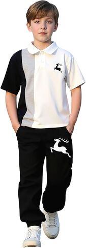 Teen Boys Color Block Polo Shirt and Animal Print Casual Pants Fall Winter Outfits Sets for Kids 8-12T in Kuwait
