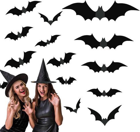 Decorations Bats Halloween 56PCS 4 Sizes PVC Scary Black Big Bats Sticker 3D Wall Decor Decal Wall Sticker with 12PCS Large Spider for Halloween Eve Decor Home Window Decoration Set (68PCS) in Kuwait