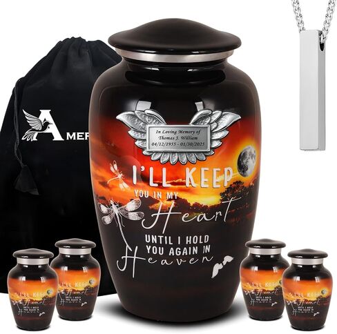 جرار رماد حرق الجثث للرماد البشري للرجال البالغين والأمهات والنساء - مجموعة ضوء القمر الأسود مكونة من 3 قطع مع جرة كبيرة واحدة وقلادتين تذكاريتين in Kuwait