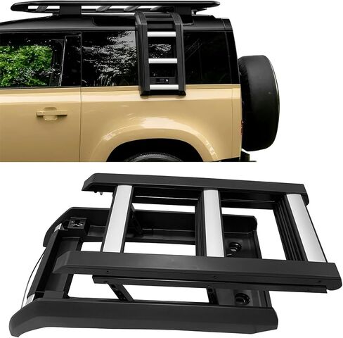 سلم نافذة جانبي قابل للطي وقابل للرفع من IKON MOTORSPORTS، متوافق مع 2020-2026 Land Rover Defender 90 110 130، ألومنيوم ABS أسود فضي ملحقات سلم رف الأمتعة لتسلق سقف الشاحنة in Saudi Arabia