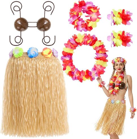 Tigeen 6 Pcs Coconut Bra Hawaiian Hula Grass Skirt Flower Dance Leis Outfit Set for Women Luau Party Supplies, 23.6 Inch in Saudi Arabia