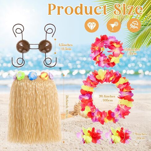 Tigeen 6 Pcs Coconut Bra Hawaiian Hula Grass Skirt Flower Dance Leis Outfit Set for Women Luau Party Supplies, 23.6 Inch in Saudi Arabia