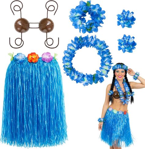 Tigeen 6 Pcs Coconut Bra Hawaiian Hula Grass Skirt Flower Dance Leis Outfit Set for Women Luau Party Supplies, 23.6 Inch in Saudi Arabia