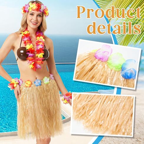 Tigeen 6 Pcs Coconut Bra Hawaiian Hula Grass Skirt Flower Dance Leis Outfit Set for Women Luau Party Supplies, 23.6 Inch in Saudi Arabia