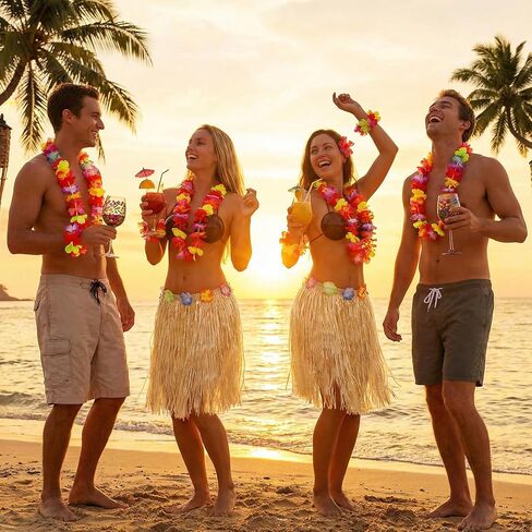 Tigeen 6 Pcs Coconut Bra Hawaiian Hula Grass Skirt Flower Dance Leis Outfit Set for Women Luau Party Supplies, 23.6 Inch in Saudi Arabia