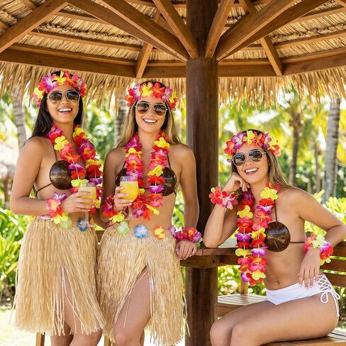 Tigeen 6 Pcs Coconut Bra Hawaiian Hula Grass Skirt Flower Dance Leis Outfit Set for Women Luau Party Supplies, 23.6 Inch in Saudi Arabia