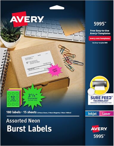 ملصقات عناوين Avery Neon مع تغذية مؤكدة لطابعات الليزر، 2-1/4 بوصة، ألوان متنوعة، 180 ملصقًا متتابعًا (5995) in Kuwait