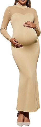 OYOANGLE Women's Maternity Dress Mock Neck Long Sleeve Bodycon Fishtail Maxi Dresses in Saudi Arabia
