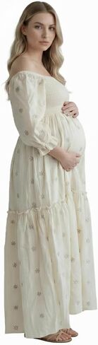 Apricot Daisy Print Smocked Off Shoulder Ruffle Big Swing Elegant Vacation Maternity Photoshoot Baby Shower Party Maxi Dress in Kuwait