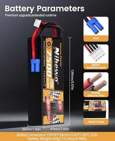 3S Lipo Battery 11.1V 6500mAh RC Battery 90C Hard Case with Tr Plug + EC5 Adapter Compatible with 1/8 1/10 RC Truck Car Vehicles Truggy Buggy Tank Boat Helicopter Airplane RC Model(2Packs) in Kuwait