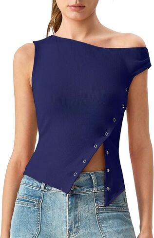 QINSEN Womens Off Shoulder Asymmetrical Tops Diagonal Button-up Closure Split Hem Cropped T Shirts Y2k Tank Top in Saudi Arabia