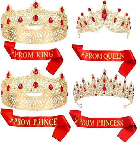 Ferreve 8 Pcs Adult Prom Graduation King and Queen Prince Princess Tiara Crown Set with Sashes Cosplay for 2026 Grad Party(Gold) in Saudi Arabia