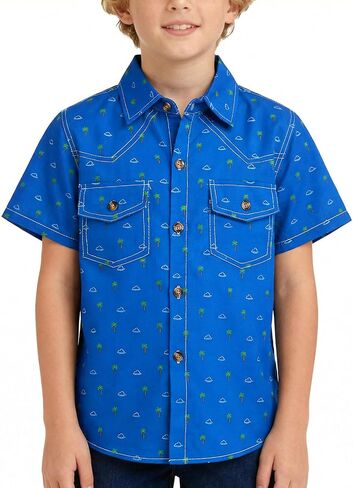 Boys Short Sleeve Button Down Shirt Cotton and Linen Casual Woven Shirts with Two Pockets for Kids 5-12 Years in Kuwait