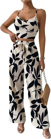 WDIRARA Women's 2 Piece Sets V Neck Crop Cami Belted Wide Leg Pants Outfits in Saudi Arabia