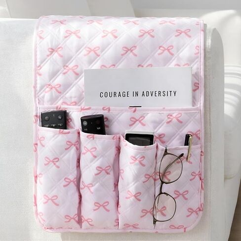 Pink Bow Sofa Armrest Organizer Coquette Non-slip Remote Control Holder Couch Caddy Washable 5 Pockets Sofa Armrest for Recliner Arm Chair Magazine Phone 35" X13" Pink Home Decor in Saudi Arabia