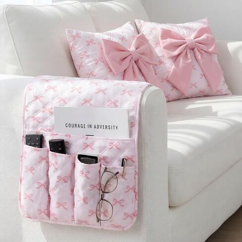 Pink Bow Sofa Armrest Organizer Coquette Non-slip Remote Control Holder Couch Caddy Washable 5 Pockets Sofa Armrest for Recliner Arm Chair Magazine Phone 35" X13" Pink Home Decor in Saudi Arabia