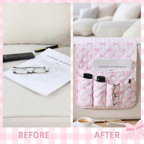 Pink Bow Sofa Armrest Organizer Coquette Non-slip Remote Control Holder Couch Caddy Washable 5 Pockets Sofa Armrest for Recliner Arm Chair Magazine Phone 35" X13" Pink Home Decor in Saudi Arabia