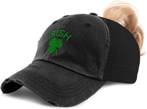 Womens Ponytail Cap Irish Shamrock St Patrick's Irish Distressed Trucker Hats Cotton in Saudi Arabia