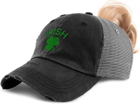 Womens Ponytail Cap Irish Shamrock St Patrick's Irish Distressed Trucker Hats Cotton in Saudi Arabia