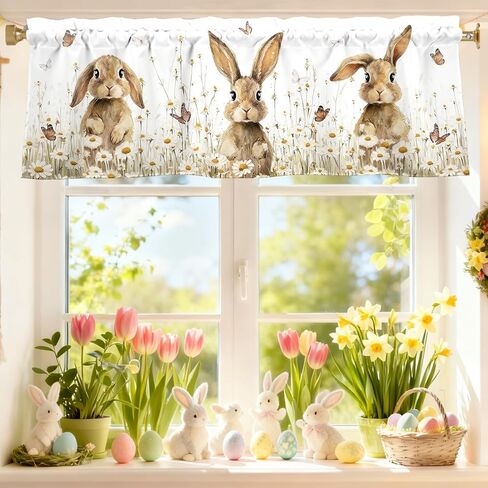 Easter Bunny Valances for Windows 54x18 Inch Rabbit Daisy Butterfly Flowers Spring Curtain Valance for Kitchen Bathroom Bedroom Living Room Decor in Kuwait