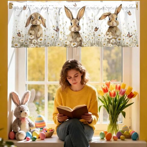 Easter Bunny Valances for Windows 54x18 Inch Rabbit Daisy Butterfly Flowers Spring Curtain Valance for Kitchen Bathroom Bedroom Living Room Decor in Kuwait