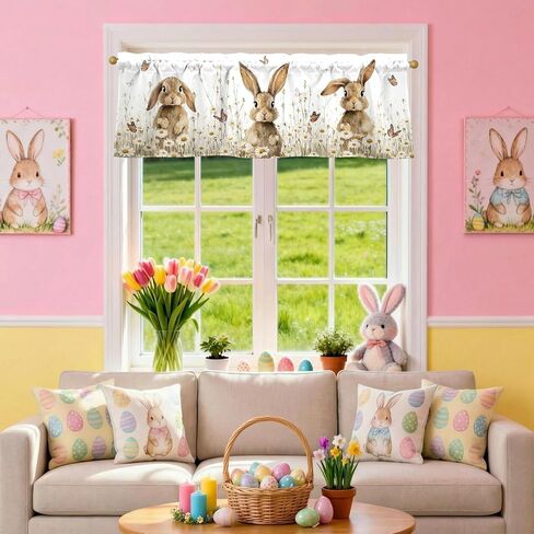 Easter Bunny Valances for Windows 54x18 Inch Rabbit Daisy Butterfly Flowers Spring Curtain Valance for Kitchen Bathroom Bedroom Living Room Decor in Kuwait