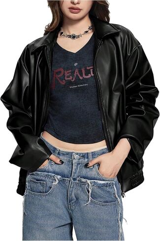 GORGLITTER Girl's Faux Leather Zip Up Jackets Y2K Long Sleeve Motorcycle Bomber Coat Trendy Fall Winter Clothes in Saudi Arabia