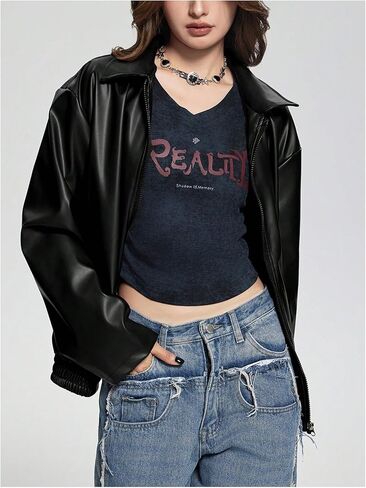 GORGLITTER Girl's Faux Leather Zip Up Jackets Y2K Long Sleeve Motorcycle Bomber Coat Trendy Fall Winter Clothes in Saudi Arabia