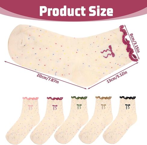 5 أزواج من الجوارب المكشكشة للكاحل للفتيات والمراهقات - زخرفة من القطن الناعم مع أقواس | جوارب لطيفة مكشكشة للمدرسة، كاجوال، هدايا | مسامي وقابل للتمدد مناسب للأعمار من 10 إلى 18 عامًا in Kuwait