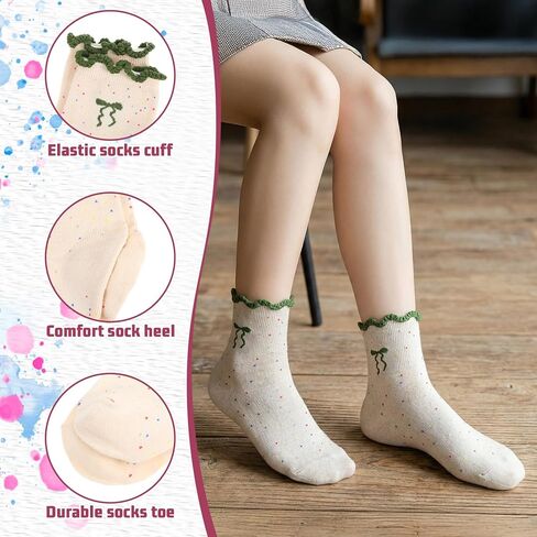 5 أزواج من الجوارب المكشكشة للكاحل للفتيات والمراهقات - زخرفة من القطن الناعم مع أقواس | جوارب لطيفة مكشكشة للمدرسة، كاجوال، هدايا | مسامي وقابل للتمدد مناسب للأعمار من 10 إلى 18 عامًا in Kuwait