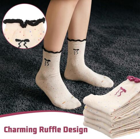 5 أزواج من الجوارب المكشكشة للكاحل للفتيات والمراهقات - زخرفة من القطن الناعم مع أقواس | جوارب لطيفة مكشكشة للمدرسة، كاجوال، هدايا | مسامي وقابل للتمدد مناسب للأعمار من 10 إلى 18 عامًا in Kuwait