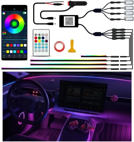 Ambient Lighting Car Led Lights Interior Kit,2PCS 43.3 inches Dream Color Acrylic Led Strips Lights for Car Interior Dashboard,12V Fiber Optic Music Sync Neon Ambiance Lighting with Wireless APP in Saudi Arabia
