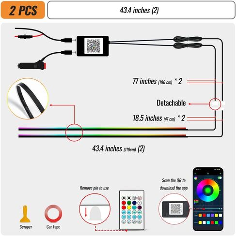 Ambient Lighting Car Led Lights Interior Kit,2PCS 43.3 inches Dream Color Acrylic Led Strips Lights for Car Interior Dashboard,12V Fiber Optic Music Sync Neon Ambiance Lighting with Wireless APP in Saudi Arabia
