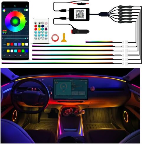 Ambient Lighting Car Led Lights Interior Kit,2PCS 43.3 inches Dream Color Acrylic Led Strips Lights for Car Interior Dashboard,12V Fiber Optic Music Sync Neon Ambiance Lighting with Wireless APP in Saudi Arabia