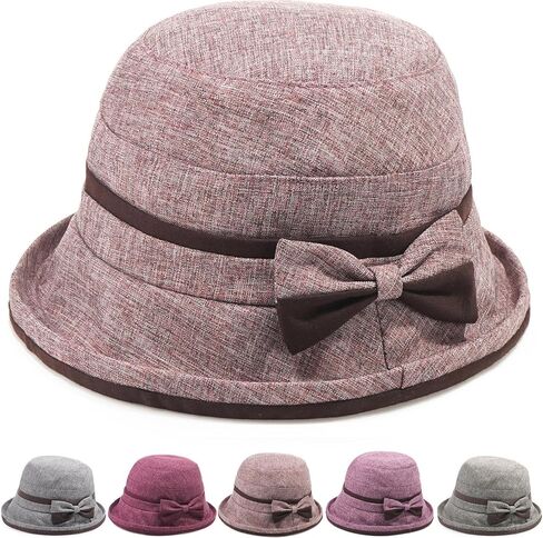 قبعة Initlove النسائية ذات الطراز الكلاسيكي من فيدورا ذات حافة ملفوفة مع عقدة على شكل فيونكة in Kuwait
