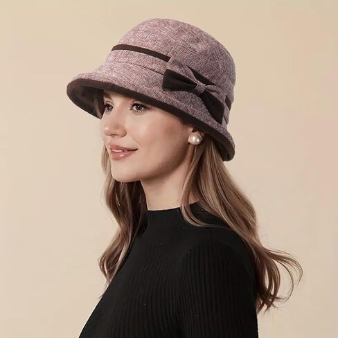 قبعة Initlove النسائية ذات الطراز الكلاسيكي من فيدورا ذات حافة ملفوفة مع عقدة على شكل فيونكة in Kuwait