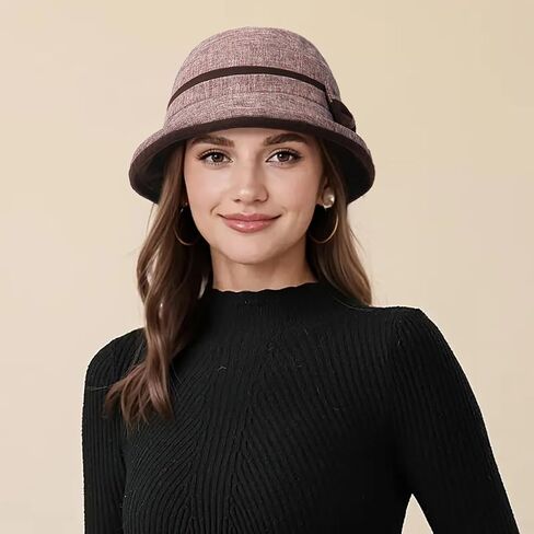 قبعة Initlove النسائية ذات الطراز الكلاسيكي من فيدورا ذات حافة ملفوفة مع عقدة على شكل فيونكة in Kuwait