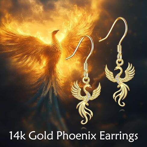 14k Yellow Gold Phoenix Earrings Phoenix Rising Dangle Drop Earring Solid Gold Jewelry Gifts For Women Lover Mother in Saudi Arabia