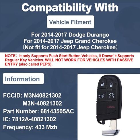 DIY Smart Car Key Fob Replacement Fits for Jeep Grand Cherokee Dodge Durango 2014-2017 Keyless Entry Remote Control Key Kit M3N40821302 in Saudi Arabia