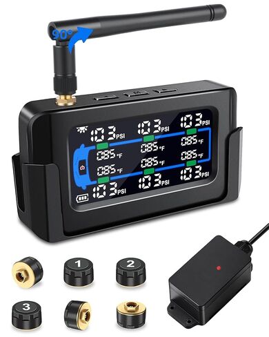 RV Tire Pressure Monitoring System Repeater All-Metal Sensor TPMS 66ft Range Tire Pressure Monitor System 6 Sensors 0-130 PSI Signal Booster Antenna Solar/USB Charging for SUV Trailer Travel Truck in Kuwait