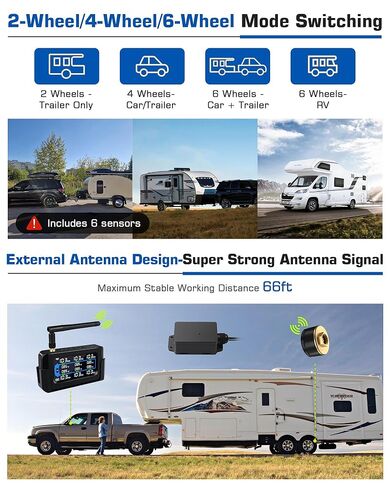 RV Tire Pressure Monitoring System Repeater All-Metal Sensor TPMS 66ft Range Tire Pressure Monitor System 6 Sensors 0-130 PSI Signal Booster Antenna Solar/USB Charging for SUV Trailer Travel Truck in Kuwait