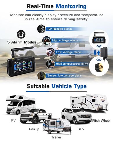 RV Tire Pressure Monitoring System Repeater All-Metal Sensor TPMS 66ft Range Tire Pressure Monitor System 6 Sensors 0-130 PSI Signal Booster Antenna Solar/USB Charging for SUV Trailer Travel Truck in Kuwait
