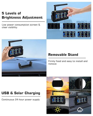 RV Tire Pressure Monitoring System Repeater All-Metal Sensor TPMS 66ft Range Tire Pressure Monitor System 6 Sensors 0-130 PSI Signal Booster Antenna Solar/USB Charging for SUV Trailer Travel Truck in Kuwait