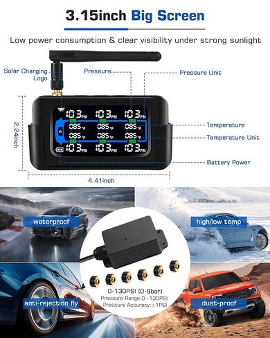 RV Tire Pressure Monitoring System Repeater All-Metal Sensor TPMS 66ft Range Tire Pressure Monitor System 6 Sensors 0-130 PSI Signal Booster Antenna Solar/USB Charging for SUV Trailer Travel Truck in Kuwait