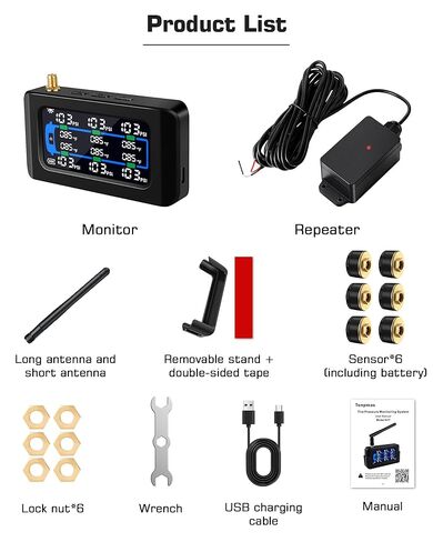 RV Tire Pressure Monitoring System Repeater All-Metal Sensor TPMS 66ft Range Tire Pressure Monitor System 6 Sensors 0-130 PSI Signal Booster Antenna Solar/USB Charging for SUV Trailer Travel Truck in Kuwait