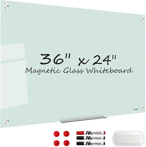 لوح أبيض زجاجي للمسح الجاف - لوح أبيض زجاجي مغناطيسي من TANKEE مقاس 36 × 24 بوصة، لوح أبيض حديث كبير بدون إطار للجدار والمكتب والمنزل والمدرسة، مع صينية قلم تحديد، مقاس 3 × 2 بوصة in Kuwait