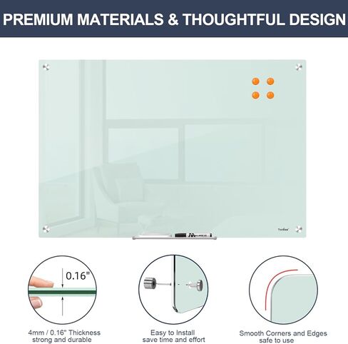 لوح أبيض زجاجي للمسح الجاف - لوح أبيض زجاجي مغناطيسي من TANKEE مقاس 36 × 24 بوصة، لوح أبيض حديث كبير بدون إطار للجدار والمكتب والمنزل والمدرسة، مع صينية قلم تحديد، مقاس 3 × 2 بوصة in Kuwait