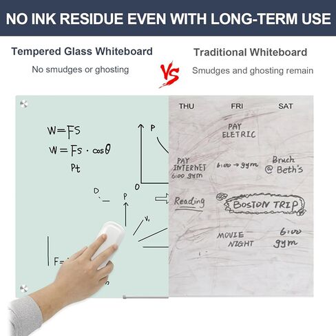 لوح أبيض زجاجي للمسح الجاف - لوح أبيض زجاجي مغناطيسي من TANKEE مقاس 36 × 24 بوصة، لوح أبيض حديث كبير بدون إطار للجدار والمكتب والمنزل والمدرسة، مع صينية قلم تحديد، مقاس 3 × 2 بوصة in Kuwait